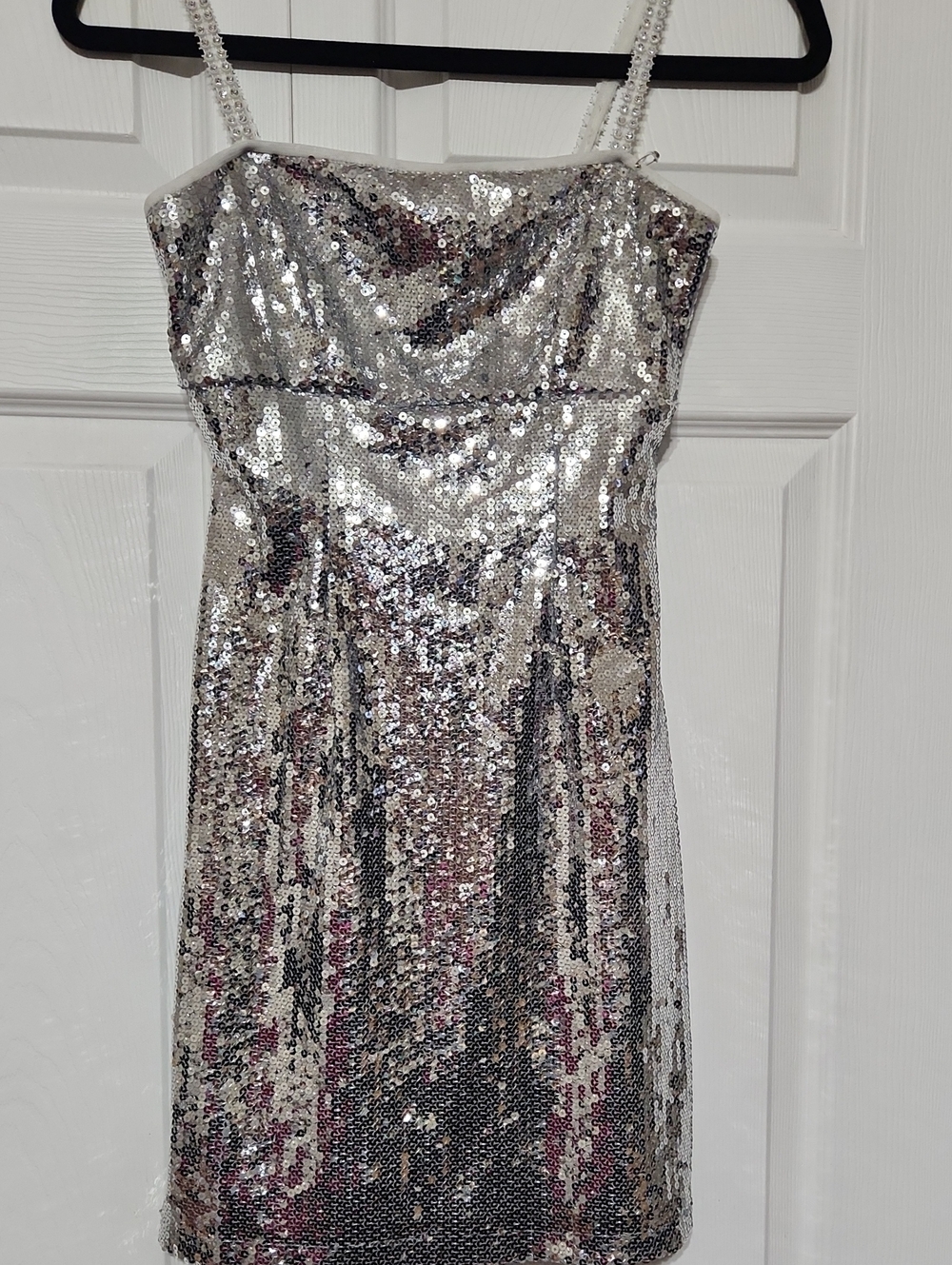 Silver Sequin Mini Dress with Beaded Straps